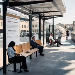 an outside view of people sitting on benches
