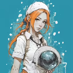anime girl holding an object with long red hair