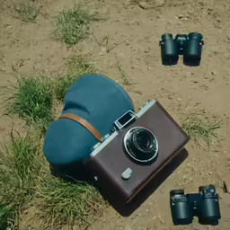 a camera and binoculars sit in the dirt
