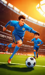 a soccer player running across the field while being chased by another player,digital painting of a boy playing with a soccer ball