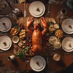 a large chicken is spread on a wooden table