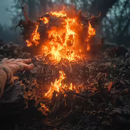 a person pointing to the center of a fire