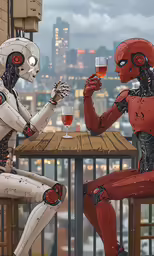 two humanoids having drinks in a rooftop bar and enjoying a view
