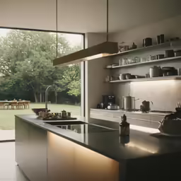 a kitchen with an oven, sink and shelves