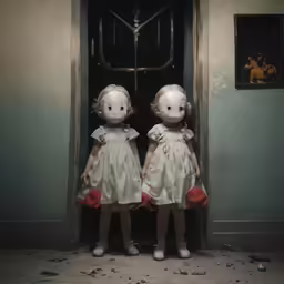 two creepy little girls standing outside a door