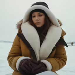 a woman kneeling in snow with hands folded to her chest