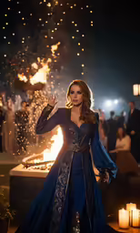 a woman in a blue evening dress standing near a fire pit