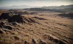 there is a mountain and grassy landscape on the horizon