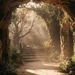 the sunlight shines through an archway leading into a garden