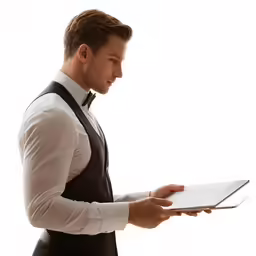 a man in a black vest holding a clipboard