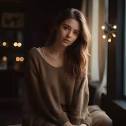 woman in brown shirt sitting next to window in dark room