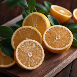 a cutting board with orange slices and greens