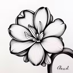 an image of a flower that looks like a branch,a black and white flower on paper, with an i love the name