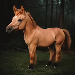 a tan horse standing in a dark forest