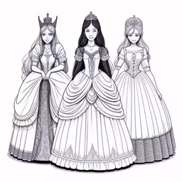 two barbie dolls and their dresses are drawn,the three queen