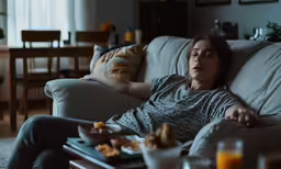 a woman is sitting on a couch and eating