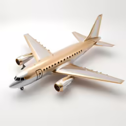 the model airplane is gold and silver on its wheels