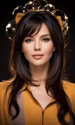 a young woman wearing a gold bow on her head