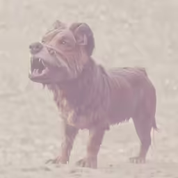 a dog that has its mouth open in a dirty field