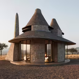 the building has a circular design with two chimneys