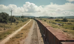 a freight train on the tracks heading toward a grassy valley
