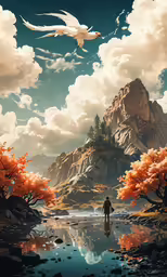 a digital painting of some trees with clouds over water