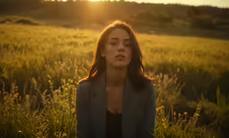 a woman is sitting in the grass and looking up at the sun