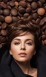 a woman laying on top of chocolate covered rocks