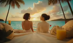 two women sit next to each other at the ocean on a beach