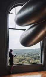 a woman standing in a tall building looking out a window