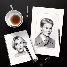 an open photo album with two photos of women and a cup of tea