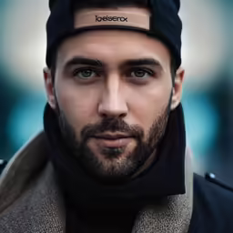 a man in the picture wearing a hat, scarves and scarf