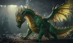 an animated green and gold dragon is on the ground