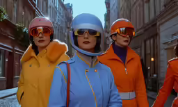 three models wearing orange and blue jackets stand in the street