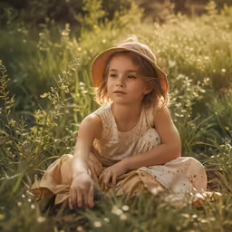little girl in white shirt and hat sitting on grass with long tails