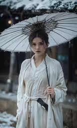 a woman wearing white clothes holding an umbrella