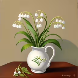 a painting of a large white vase filled with flowers,a white pitcher with flowers in it,a white vase with some white flowers inside it,a painting of white flowers on top of a table,there is a painting that has flowers in the vase