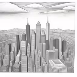 a city is shown with lots of tall buildings,this is a pencil drawing of a cityscape