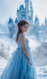 a girl in a long dress on a snow covered hill