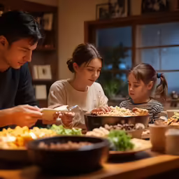 a young family setting together for dinner, at home