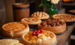 many waffle shaped pastries and cookies on display