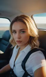 a woman sitting in the back of a car with a purse on her shoulder