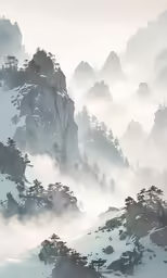 a misty mountain range with trees and fog