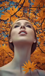 a woman with leaves on her face and the background is blue and yellow