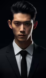 man in black suit and white shirt with necktie,an asian man with short black hair wearing a suit and tie