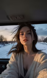 young girl sitting in car waiting for winter