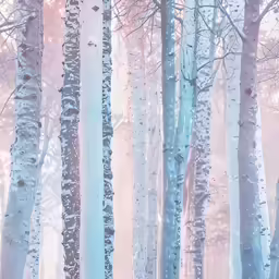 a group of blue and white trees in the forest