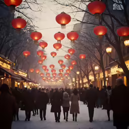 a crowded street is lit up with red lanterns