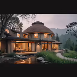 the house is built around a pond in the garden