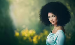 a woman with dark hair stands in front of trees